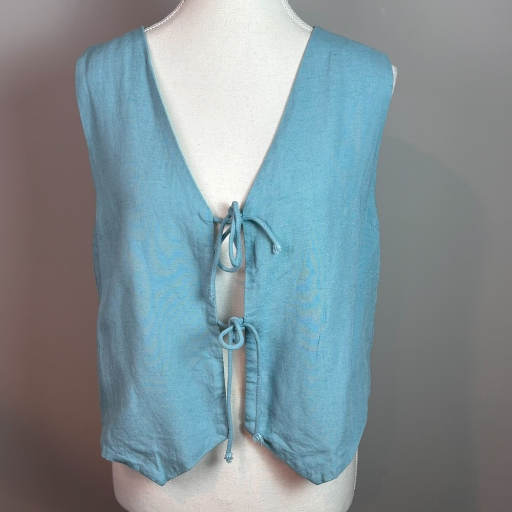 Daily Drills Womens Blue Linen-Blend Front Tie Vest Blouse M/L Resortwear Beach